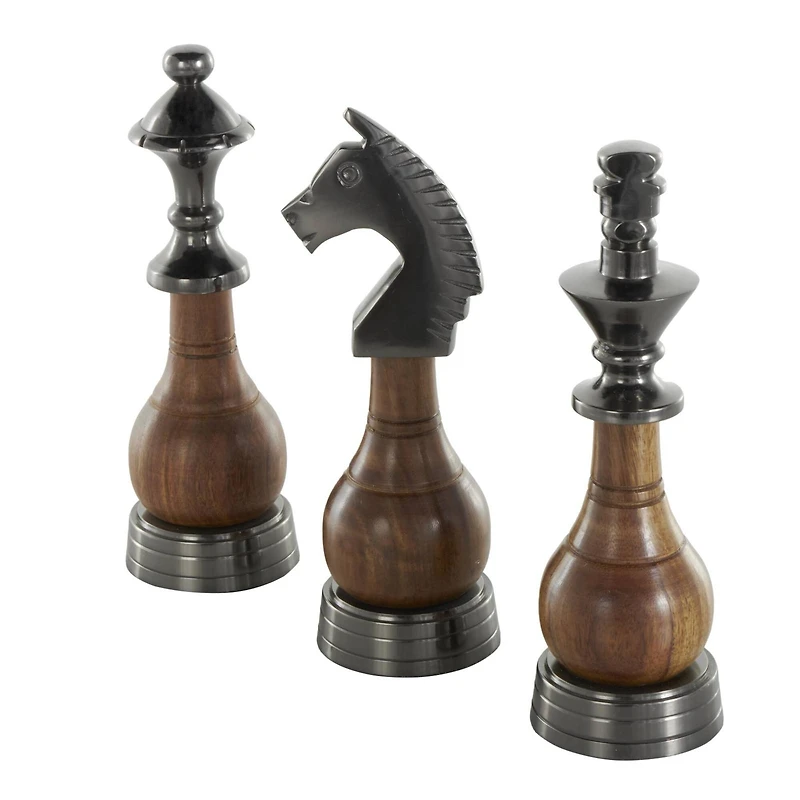 9" Dark Gray & Brown Aluminum & Mango Wood Chess Piece Sculpture Set