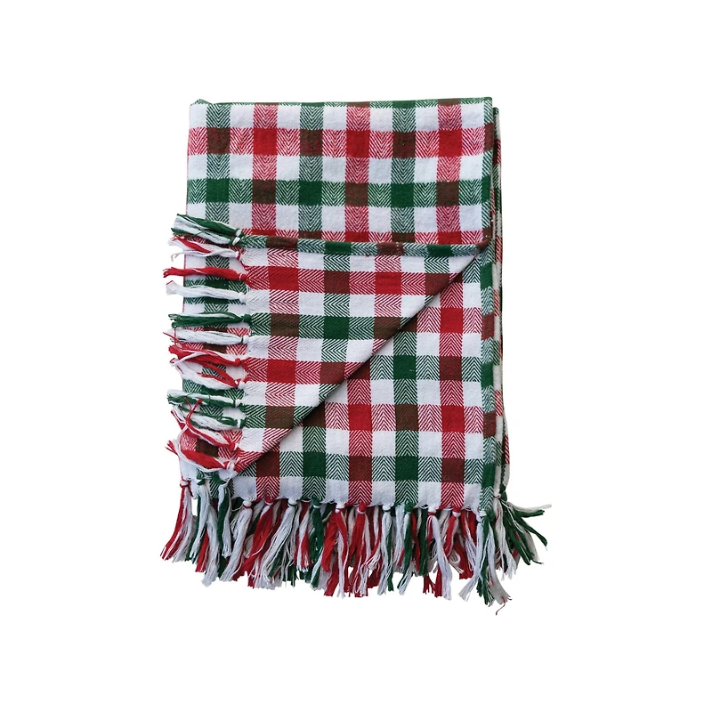 Hello Honey® 60" Red & Green Gingham Brushed Cotton Flannel Throw with Fringe