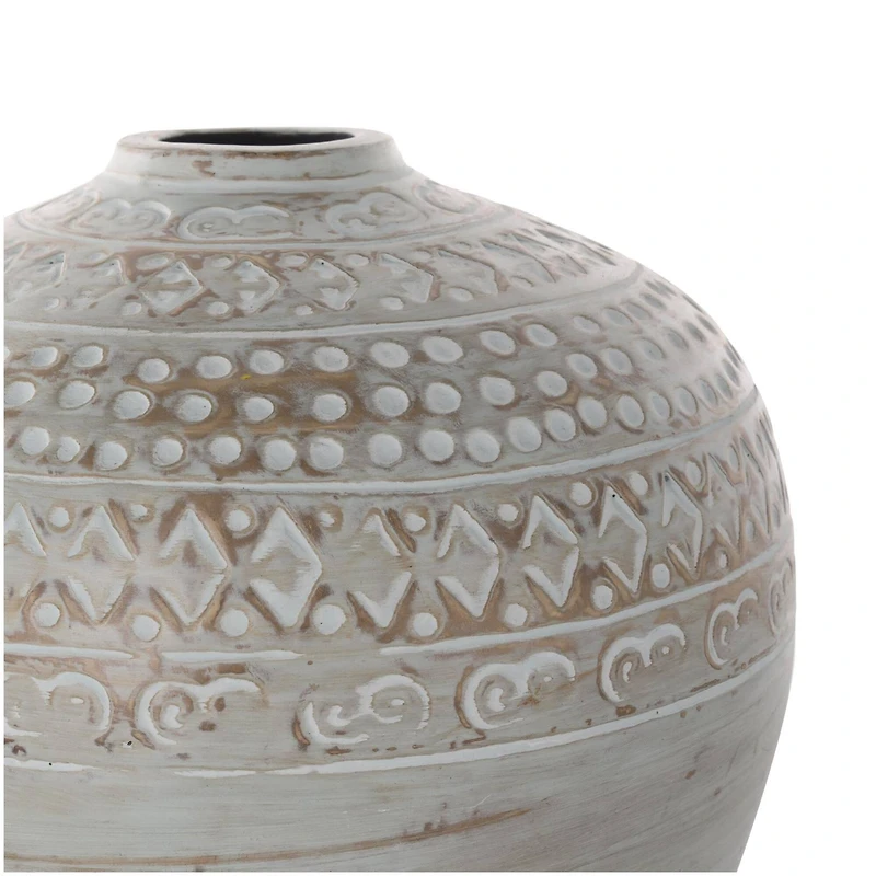 11.75" Green Antique-Style Wide Rounded Ceramic Vase with Geometric Carvings