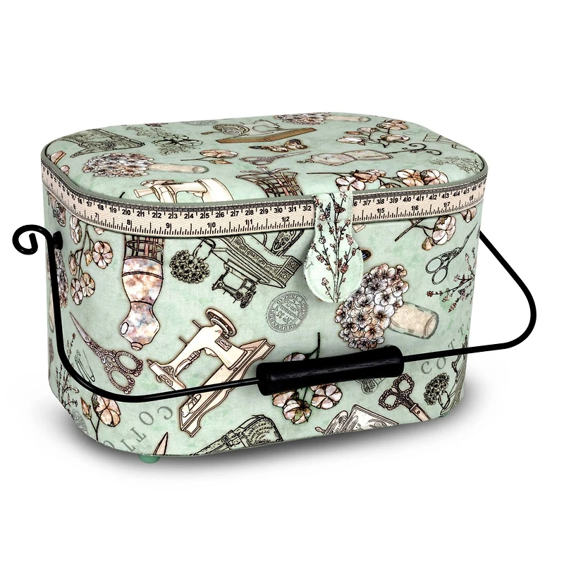 Dritz® Green Sewing Print Small Oval Sewing Basket With Metal Handle