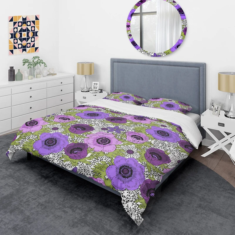 Designart 'Purple Retro Fantasy Flowers' Mid-Century Duvet Cover Set
