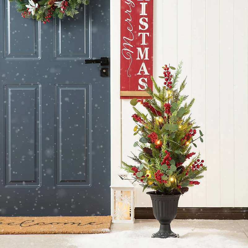 3ft. Pre-Lit Pine Needle & Eucalyptus Leaf Artificial Urn Christmas Porch Tree, Warm White LED Lights