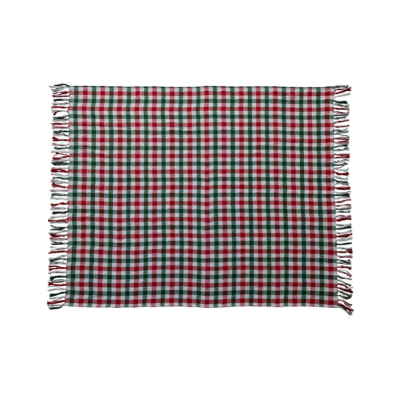 Hello Honey® 60" Red & Green Gingham Brushed Cotton Flannel Throw with Fringe