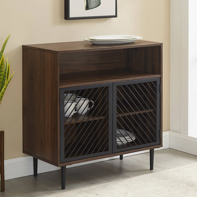 Walker Edison 32" Dark Walnut Modern Slanted Metal Door Accent Cabinet