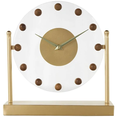 11.5" Gold Metal & Acrylic Face Decorative Clock with Wood Ball Accents