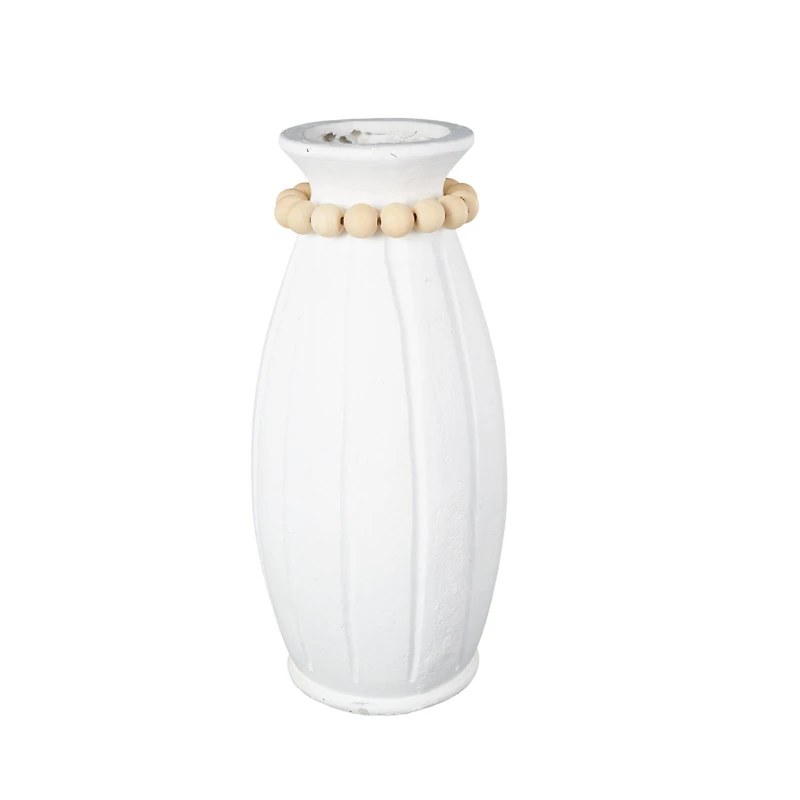 20" White Magnesium Oxide Decorative Vase with Light Brown Beads & Carved Grooves