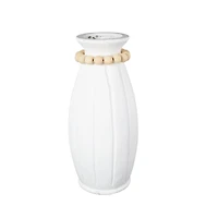 20" White Magnesium Oxide Decorative Vase with Light Brown Beads & Carved Grooves