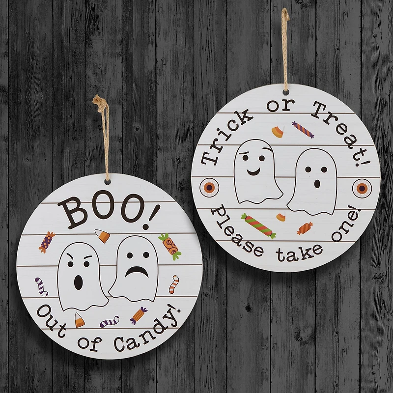 12" White Hanging Double-Sided Trick or Treat/Out of Candy Round Plank Sign
