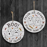 12" White Hanging Double-Sided Trick or Treat/Out of Candy Round Plank Sign