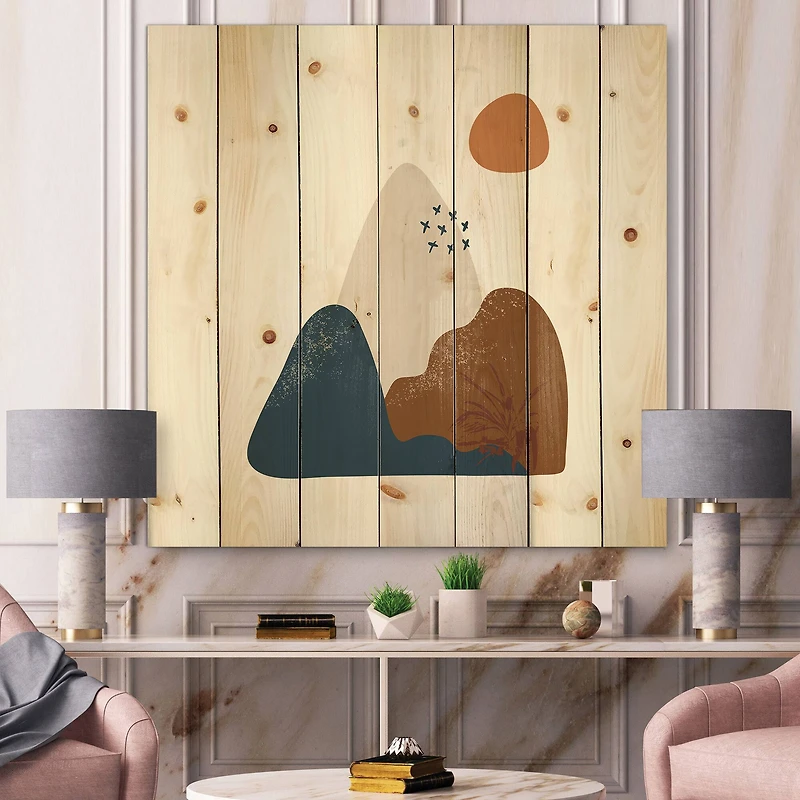 Designart - Abstract Flowers On Minimal Shapes VI - Modern Print on Natural Pine Wood