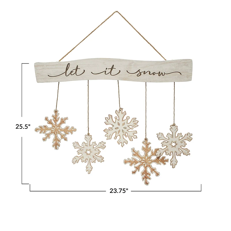 Hello Honey® 25.5" White & Brown Let It Snow Fir Wood Snowflake Wall Hanging