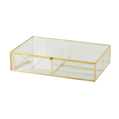10" x 7" x 2" Clear & Gold 3-Slot Glass & Metal Jewelry Box with Chain Accent