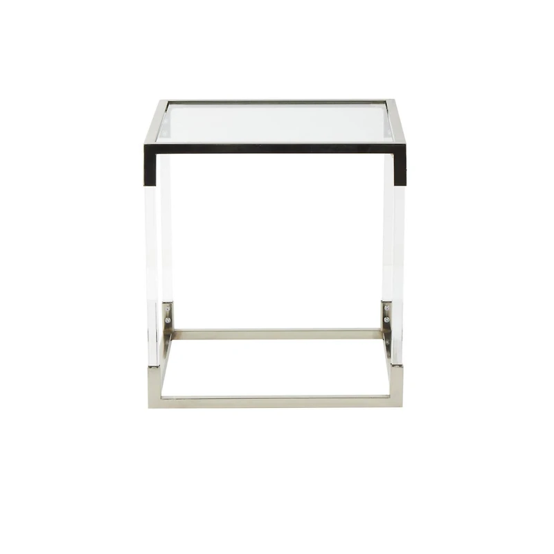 20.25" Silver Metal Floral Cube Shaped Accent Table with Clear Glass Top