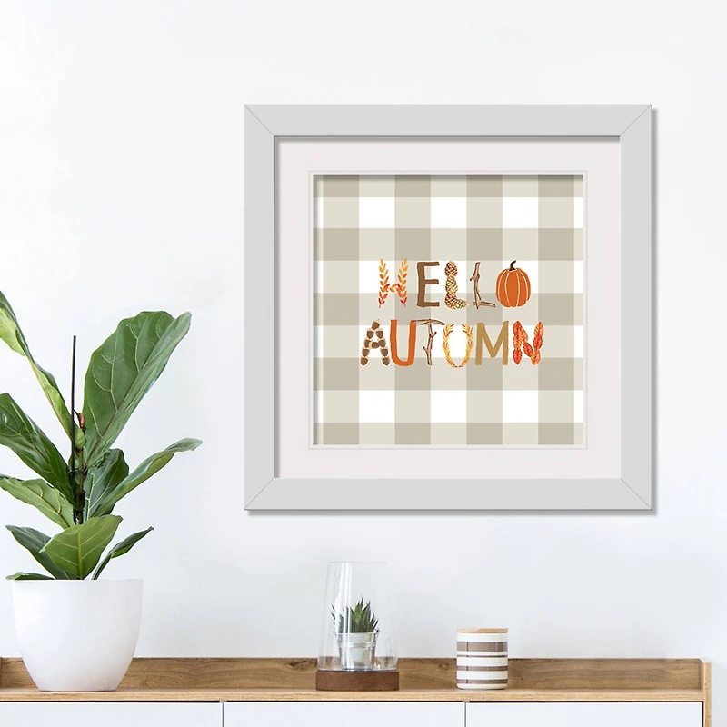 Hello Autumn Buffalo Check White Framed Print Wall Art