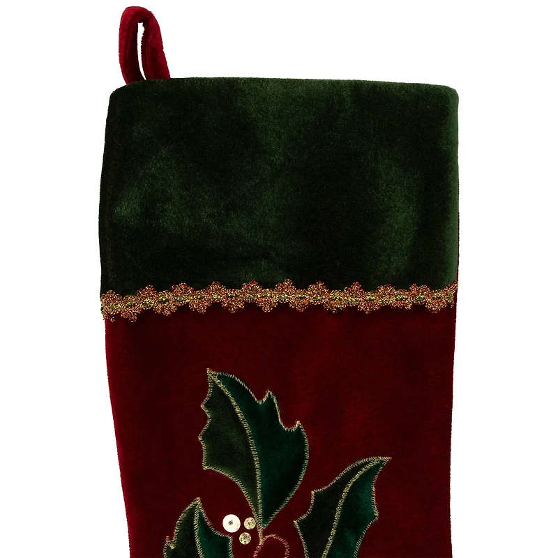 20.5" Holly Embroidered Velvet Stocking