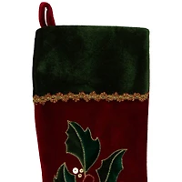 20.5" Holly Embroidered Velvet Stocking