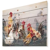 Designart - Group of Rooster in Gray Farm background - Farmhouse Animal Painting Print on Natural Pine Wood