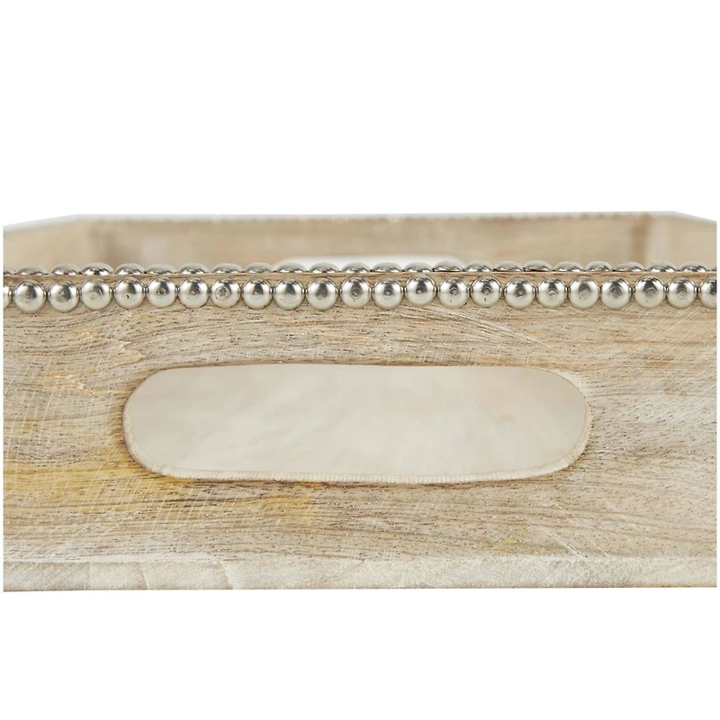 Light Brown Mango Wood Trays with Silver Beaded Rim, 2ct.