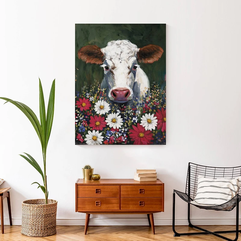 Patriotic Florals Cow II Canvas Wall Art