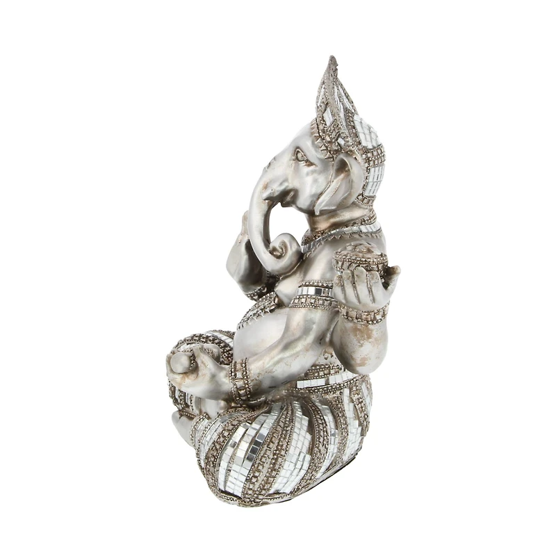 12" Silver Polystone Ganesh Meditating Sculpture
