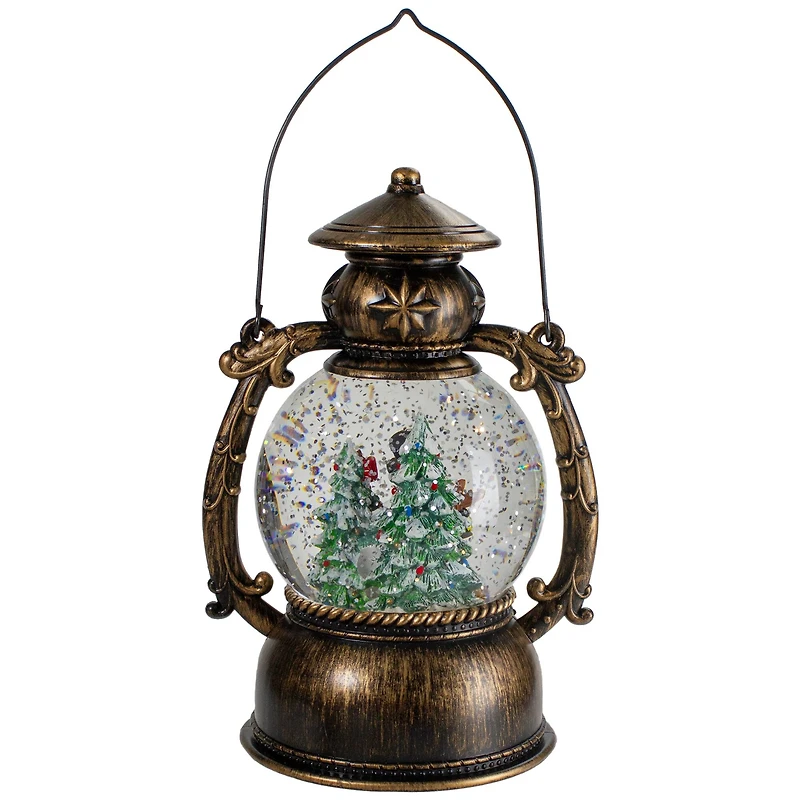 8" Black with Brushed Gold LED Snowman & Christmas Trees Snow Globe Lantern