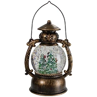 8" Black with Brushed Gold LED Snowman & Christmas Trees Snow Globe Lantern