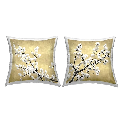 Stupell Industries White Cherry Blossom Branches Neutral Tan 2 Pillows, Each 18" x 18"