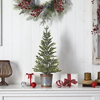 2ft. Pre-Lit Pine Artificial Christmas Tree in Rustic Metal Planter, Warm White Lights