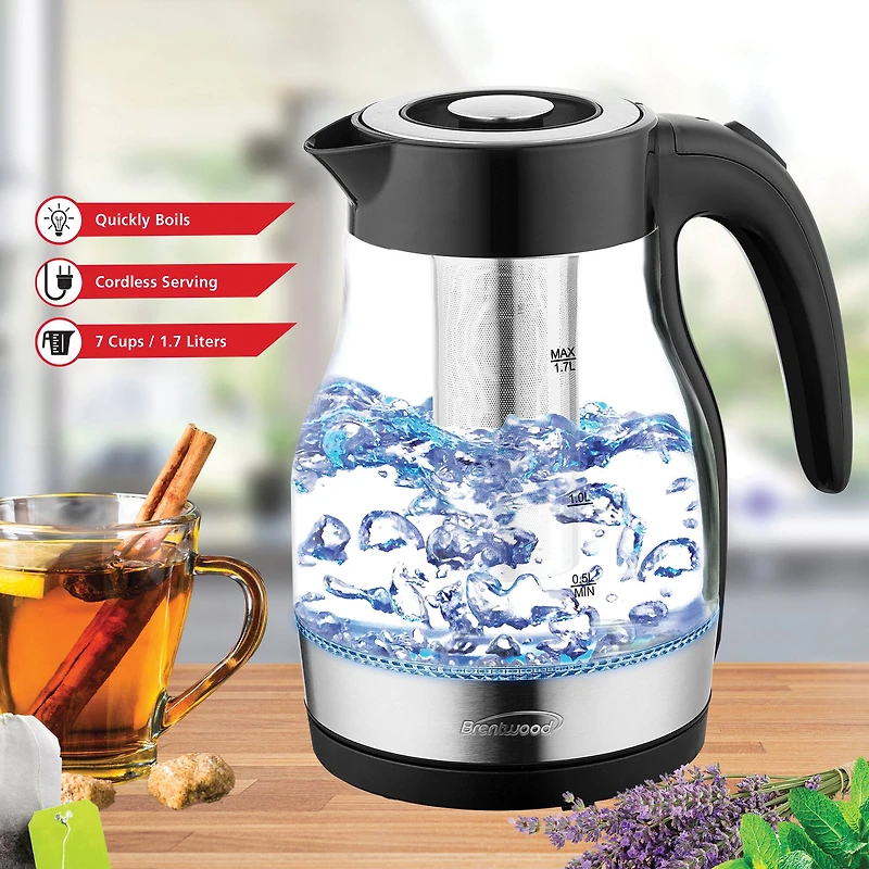 Brentwood 1.79qt. Black Cordless Glass Electric Kettle with Tea Infuser and Swivel Base