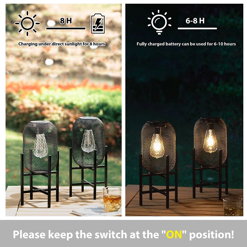 Glitzhome® 14.25" Metal Mesh Black Solar Powered Lantern with Stand, 2ct.