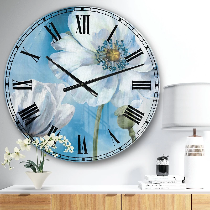 Designart 'Handpainted White Flower On Blue I Farmhouse Wall Clock