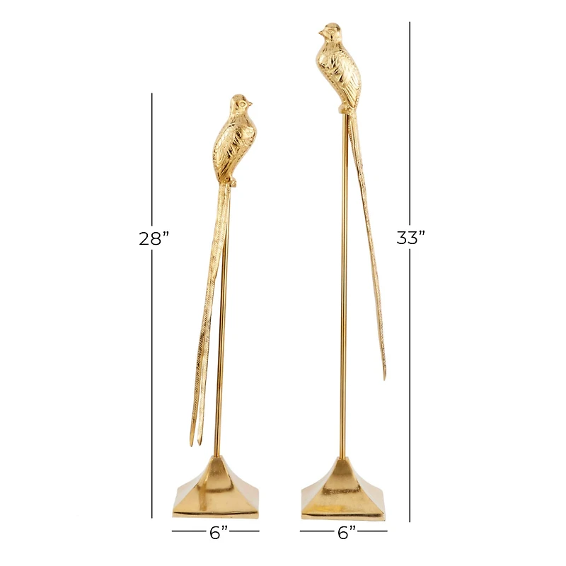 Set of 2 Gold Aluminum Eclectic Bird Sculpture, 33", 28"