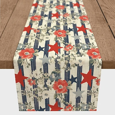 Vintage Floral Patriotic Stripes Poly Twill Table Runner