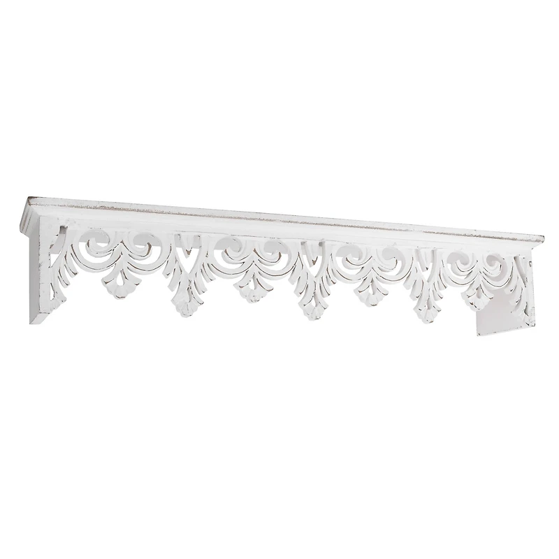24" Whitewashed Hand-Carved Wood Floating Wall Shelf