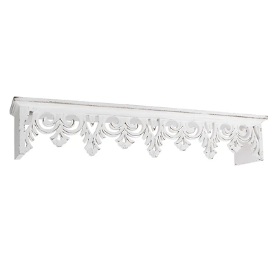 24" Whitewashed Hand-Carved Wood Floating Wall Shelf