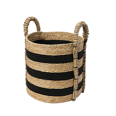 Household Essentials 20" Black & Natural Stripes Braided Basket with Handles