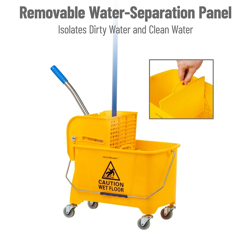 Mind Reader Mop Bucket with Wringer, 5.5 Gallon Upward Press, Plastic Cleaning Bucket with Handle and Wheels, Yellow