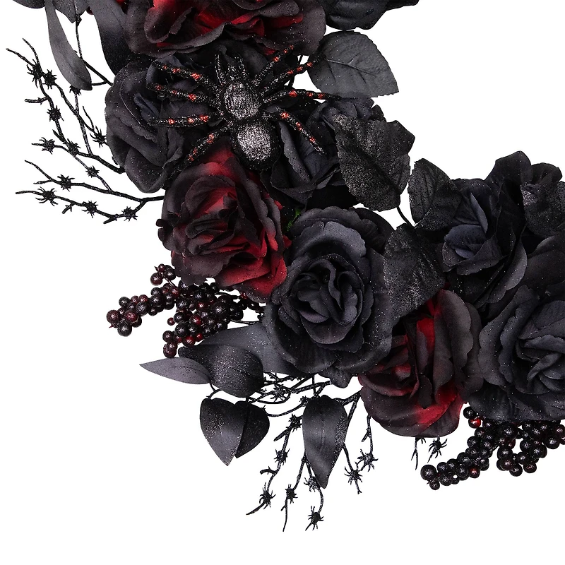 24" Burgundy & Black Roses with Spiders Halloween Wreath