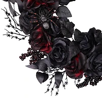 24" Burgundy & Black Roses with Spiders Halloween Wreath