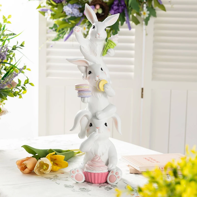 Glitzhome® 17.5" Easter Resin Stacked Bunny with Macaron Table Decor
