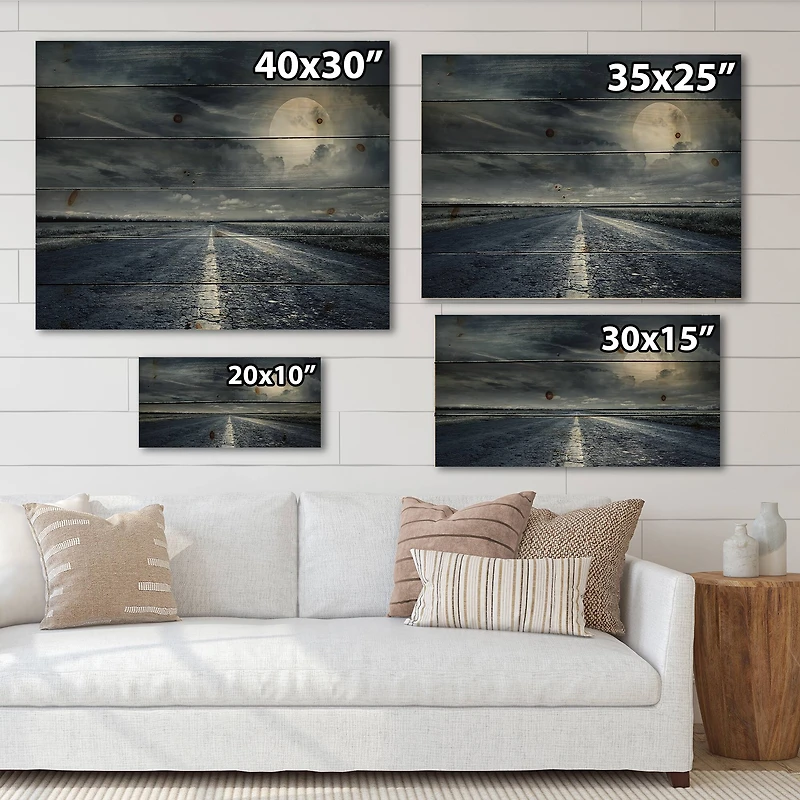 Designart - Asphalt Road Under Cloudy Full Moon II