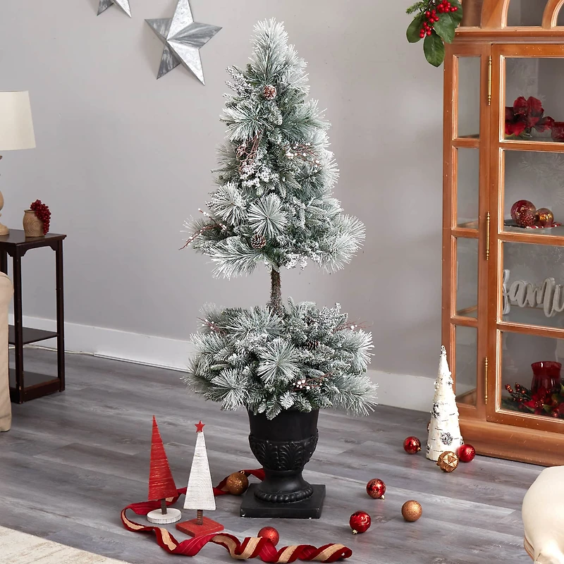5ft. Pre-Lit Flocked Artificial Christmas Tree in Decorative Urn, White LED Lights