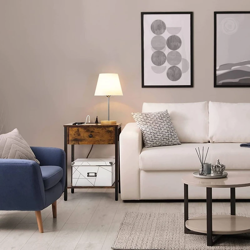 NEX™ Rustic Brown Nightstand End Table with USB Ports & Power Outlets