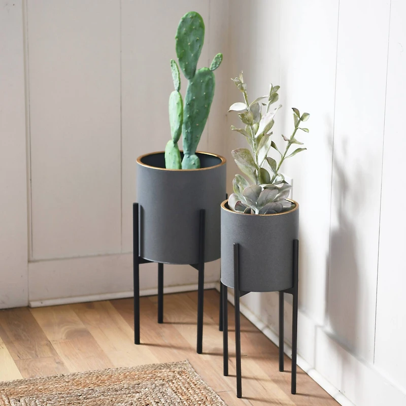 Hello Honey® Charcoal Grey & Black Boho Metal Planters with Gold Rim & Stands Set