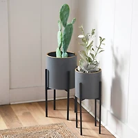 Hello Honey® Charcoal Grey & Black Boho Metal Planters with Gold Rim & Stands Set