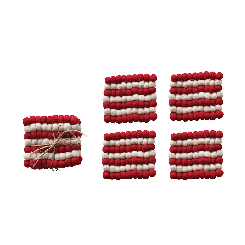 Hello Honey® 4" Cream & Red Handmade Wool Felt Ball Coasters, 4ct.