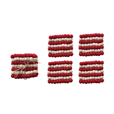 Hello Honey® 4" Cream & Red Handmade Wool Felt Ball Coasters, 4ct.