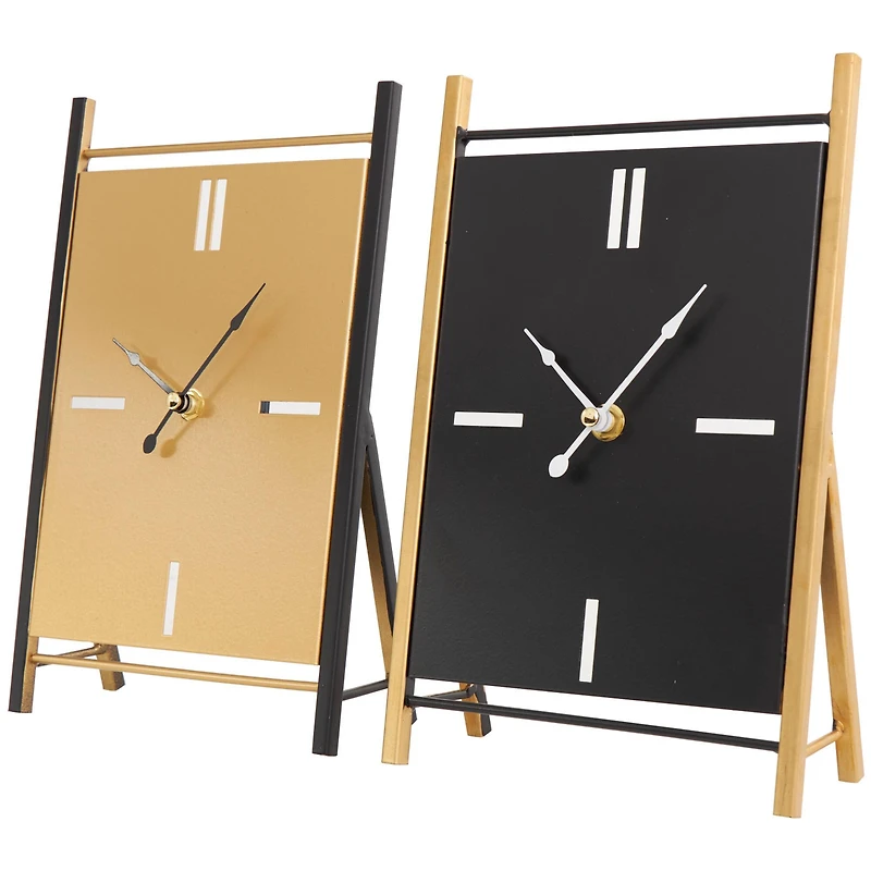 CosmoLiving by Cosmopolitan 10" Black Metal Rectangular Angled Clock Set with Gold Accents & Cutout Tick Hour Markers