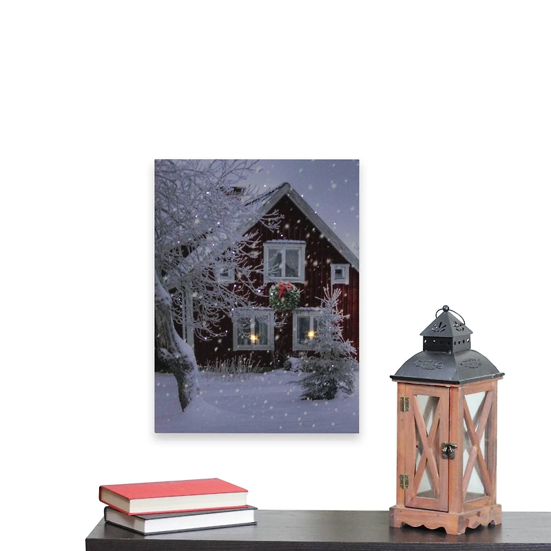 LED Lighted Red Snowy Barn House Christmas Wall Art