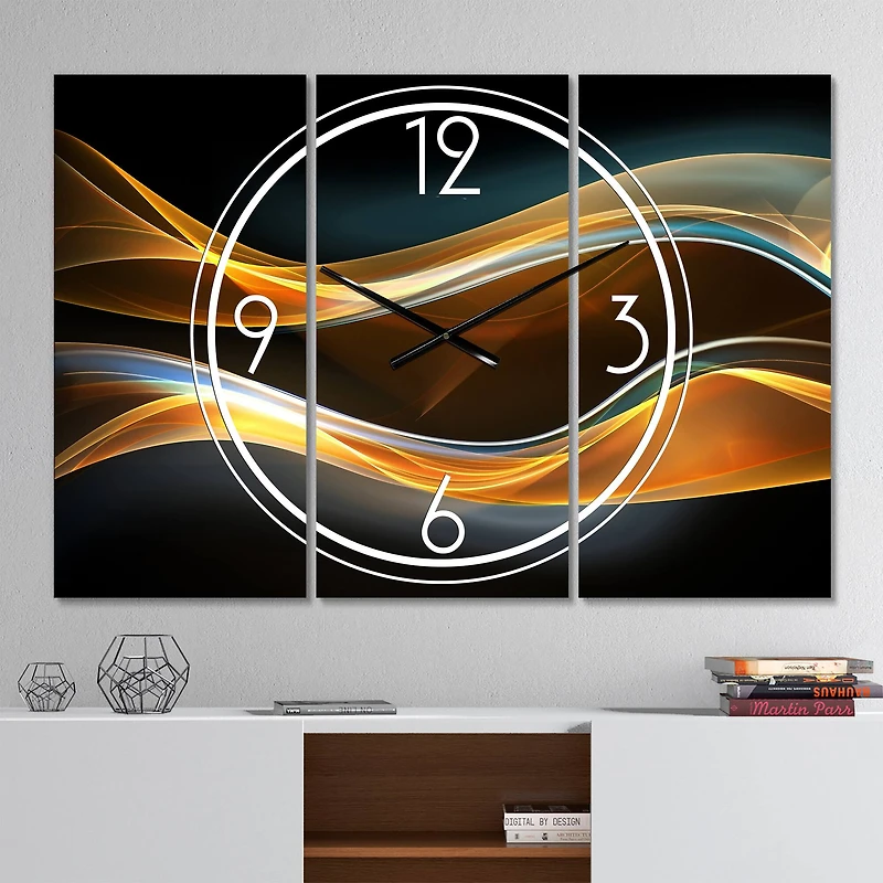 Designart 3D Gold Waves In Black Multipanel Wall Clock